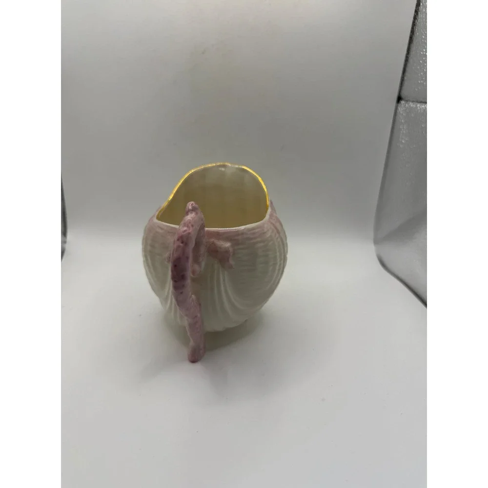 Belleek Ireland Pink Shell Creamer Pitcher Parian China Gold Trim Nautilus Irish